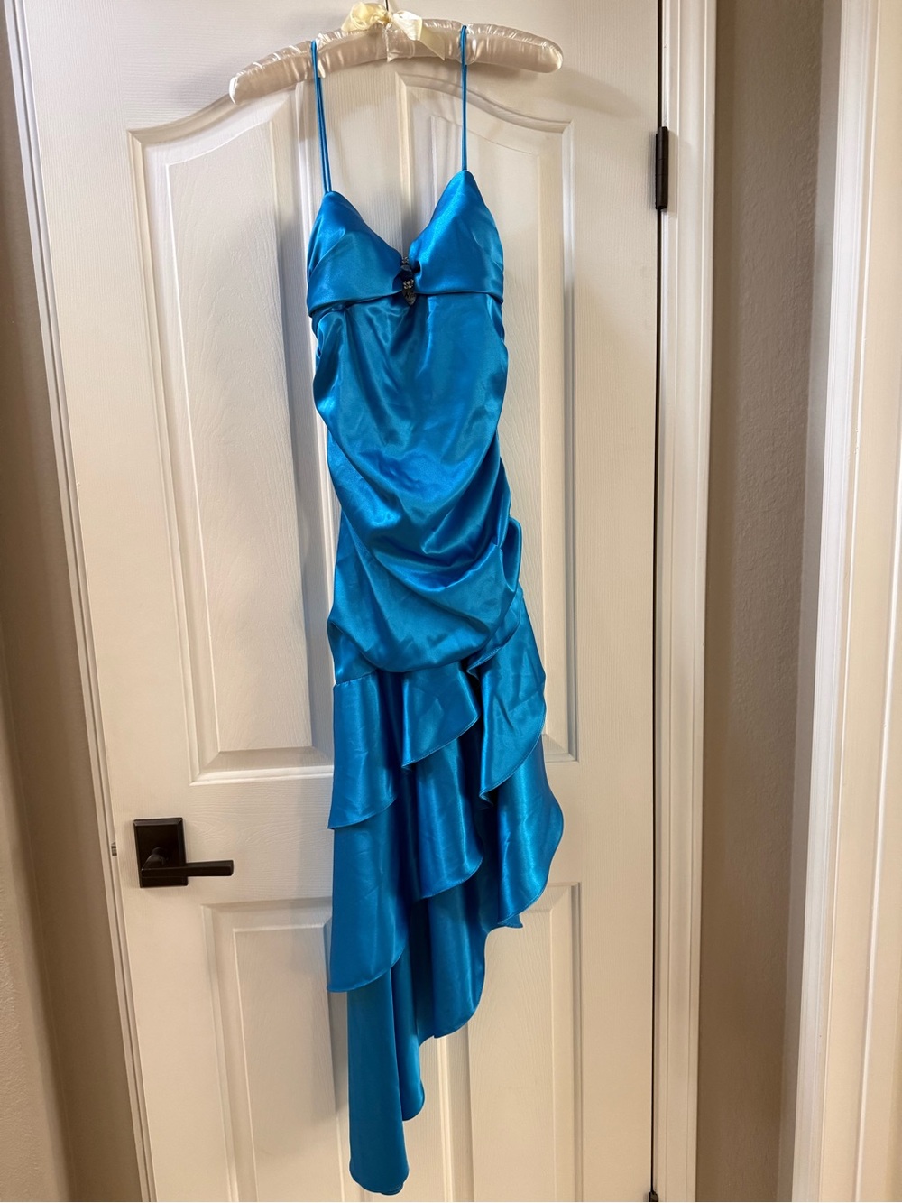 Blondie Nites Vibrant Blue Satin High-Low Ruffle Dress